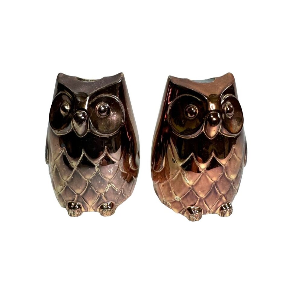 Vtg Owl Salt & Pepper Shakers in Copper Luster Finish 2" High Original Stoppers